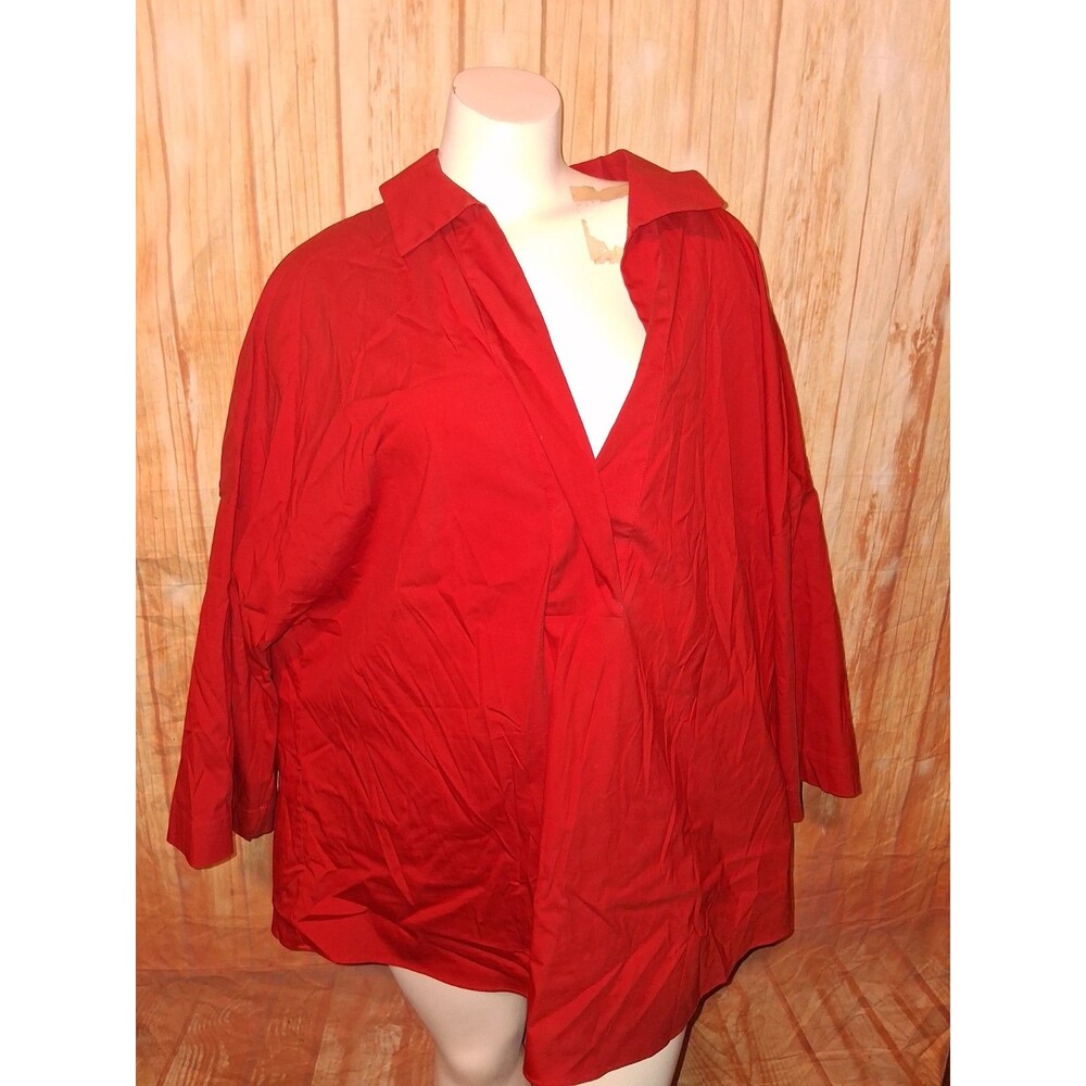 Lafayette 148 Red 3/4 Sleeve V-neck Blouse Sz 2X